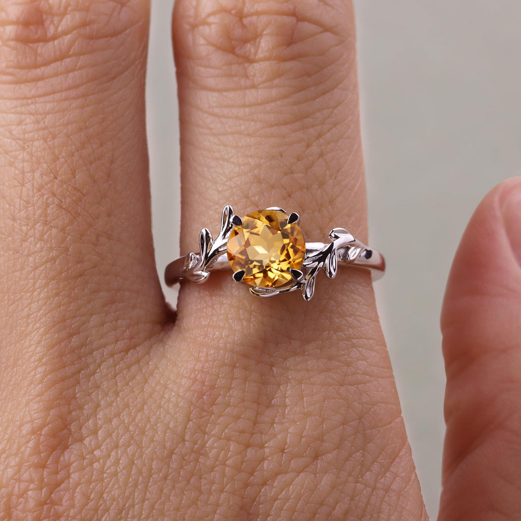 Topgemco Citrine Leaf Bypass Ring – Round Cut Sterling Silver November Birthstone Ring for Women