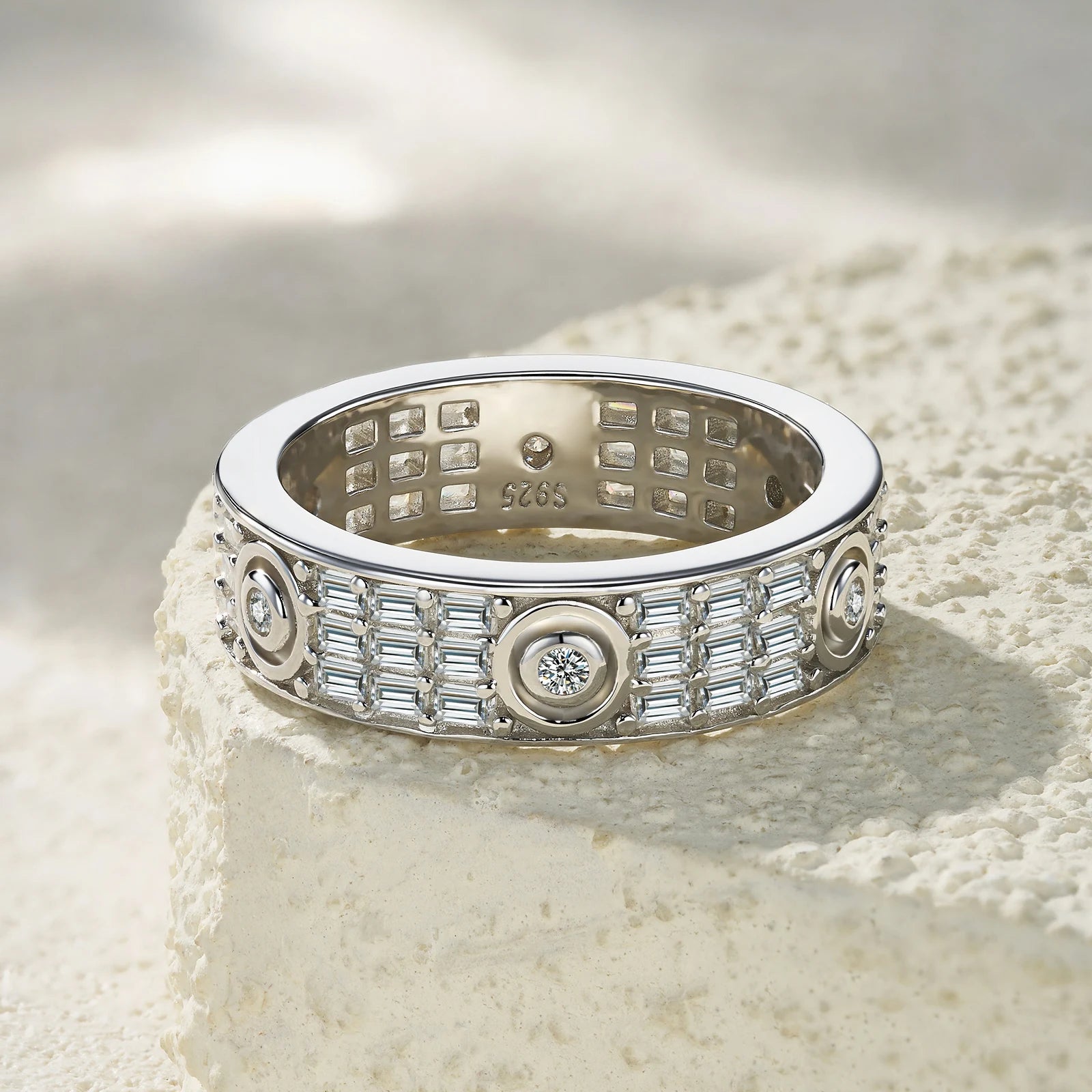 Multi-Row Round Iced-Out S925 Pure Silver Moissanite Band Rotatable Hip Hop Statement Ring for Daily Luxury Band Wedding Ring