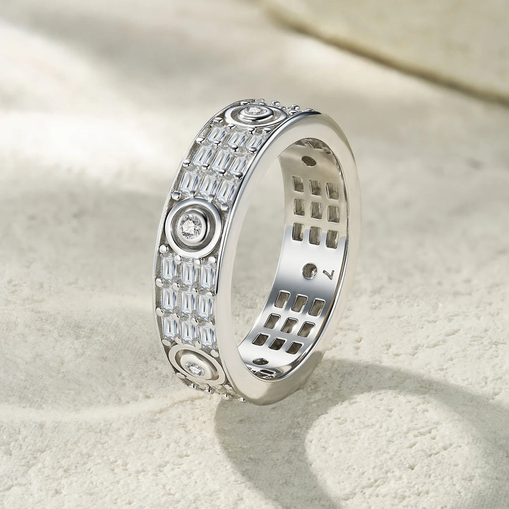 Multi-Row Round Iced-Out S925 Pure Silver Moissanite Band Rotatable Hip Hop Statement Ring for Daily Luxury Band Wedding Ring