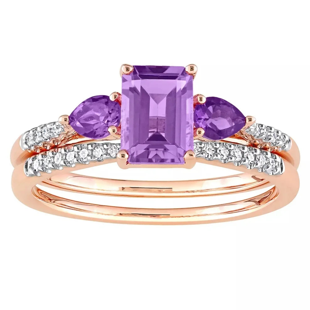 Baguette & Oval Cut Amethyst Ring, Rhodium-Plated Gold Finish