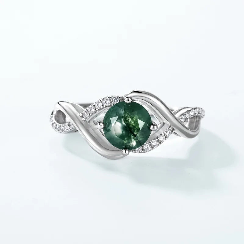 Classic Green Moss Agate Ring in Sterling Silver, Natural Gemstone Jewelry