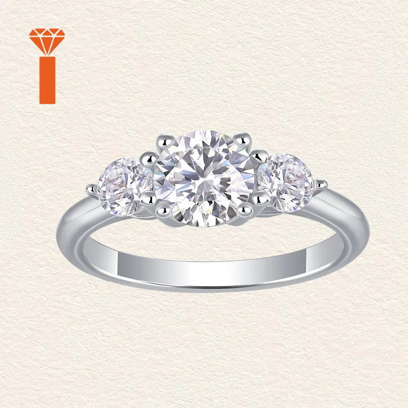 Promise Elegant Bridal Fine Jewelry Classic Three-Stone Round-Cut Moissanite Ring S925 Sterling Silver Past-Present-Future Ring