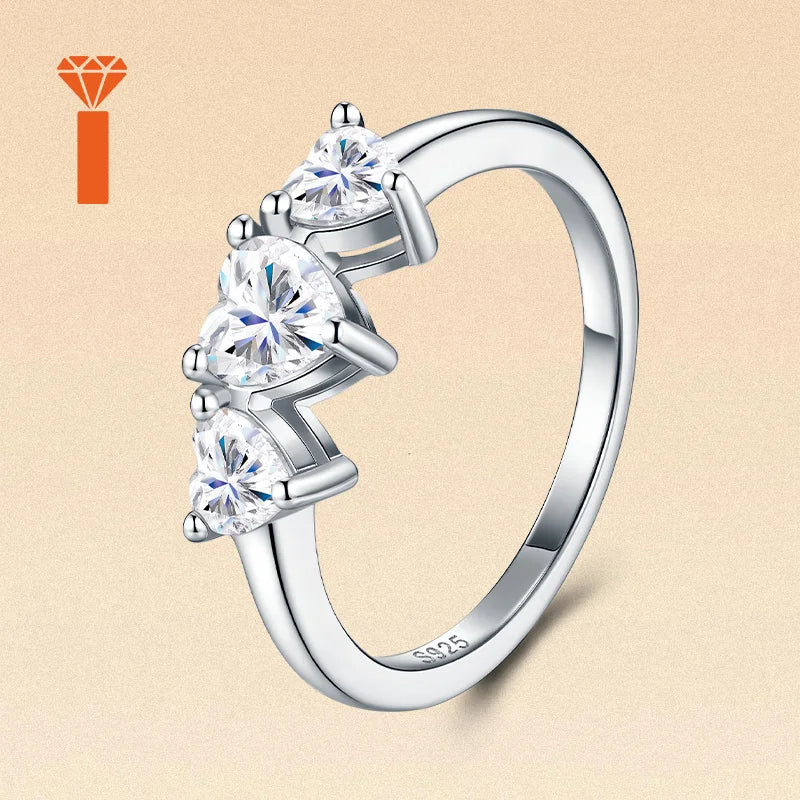 Symbolic Past-Present-Future Statement Rings S925  Heart-Cut Engagement Ring, Romantic Three-Stone Heart Moissanite Ring