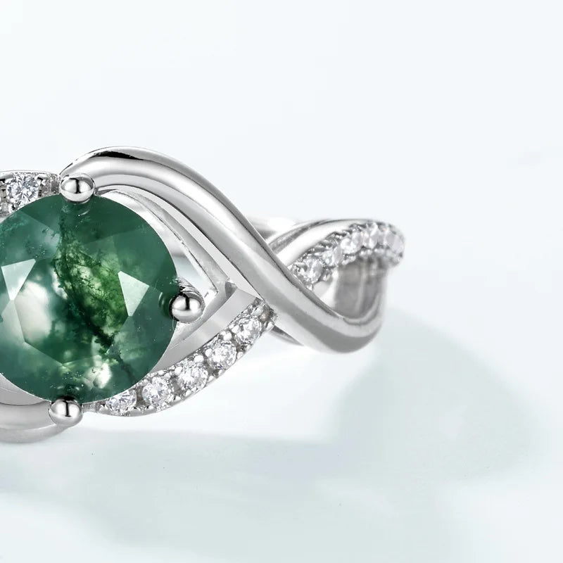 Classic Green Moss Agate Ring in Sterling Silver, Natural Gemstone Jewelry