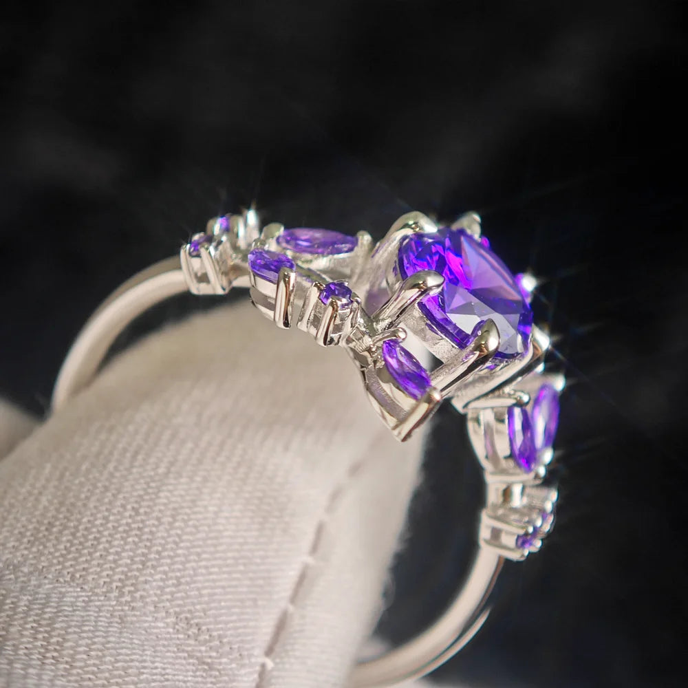 Marquise Amethyst Ring, Leaf Design in 925 Silver