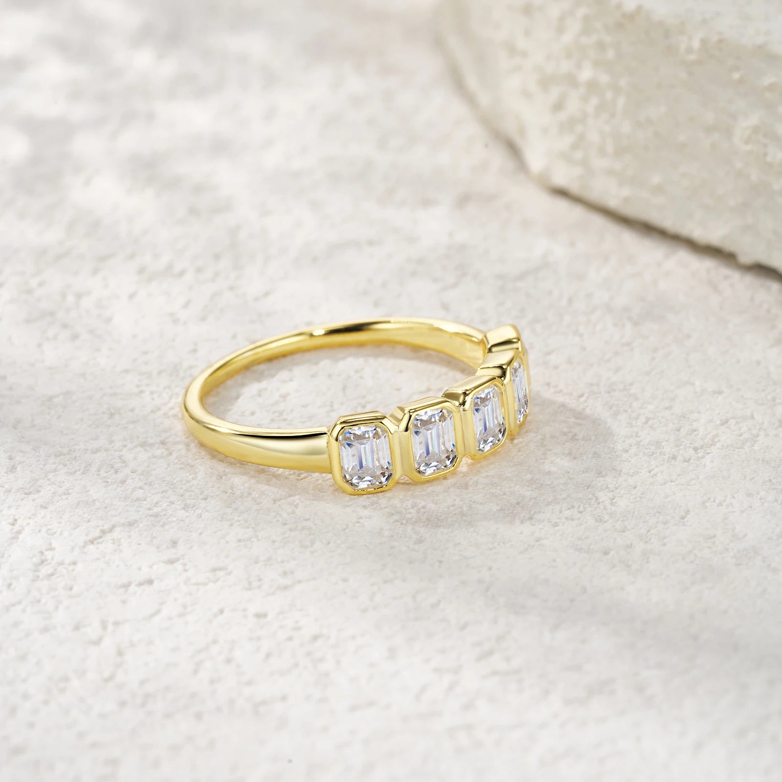 Emerald Cut 5-Stone Bezel Set Gold-Plated S925 Sterling Silver Moissanite Band Luxury  Stackable Eternity Ring for Women Ring
