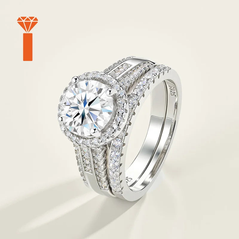 Timeless Halo Double-Shank Moissanite Ring Set Premium 925 Silver Bridal Stackable Engagement Wedding Versatile Anniversary Band