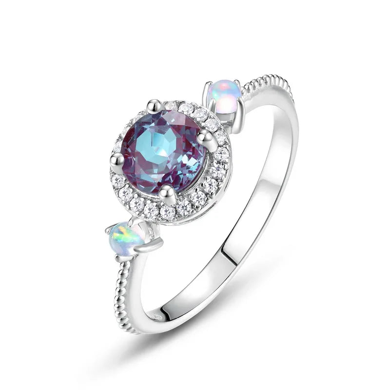 Alexandrite Gemstone Ring in 925 Sterling Silver with Round-Cut CZ Accents