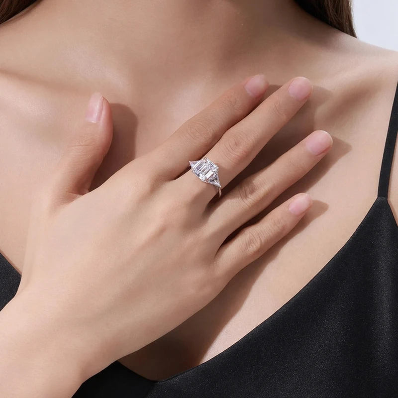 In Stock  4ct Timeless Three-Stone Emerald Cut Moissanite Premium 925 Silver  Versatile Bridal & Anniversary Fine Jewelry Rings