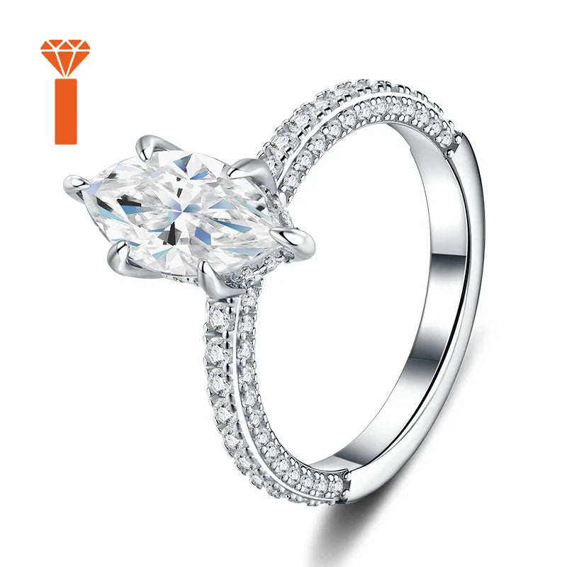 Sleek Contemporary Statement Rings D Color VVS1 Solitaire Design,  Marquise-Cut Moissanite Ring with Pave-Set Band