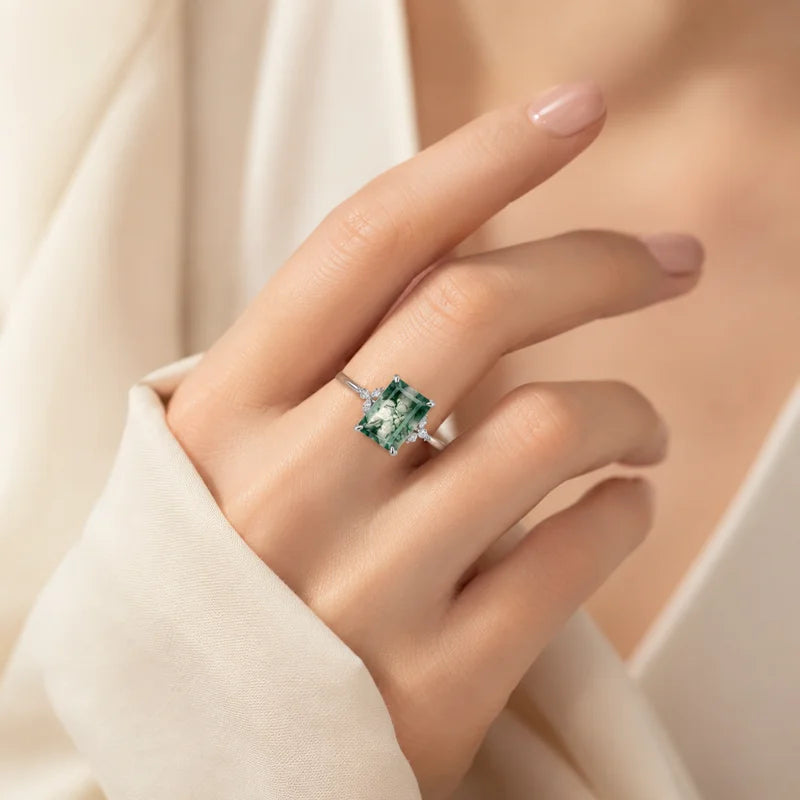Vintage Leaf-Design Moss Agate Ring in 925 Silver, Emerald-Cut Engagement Ring