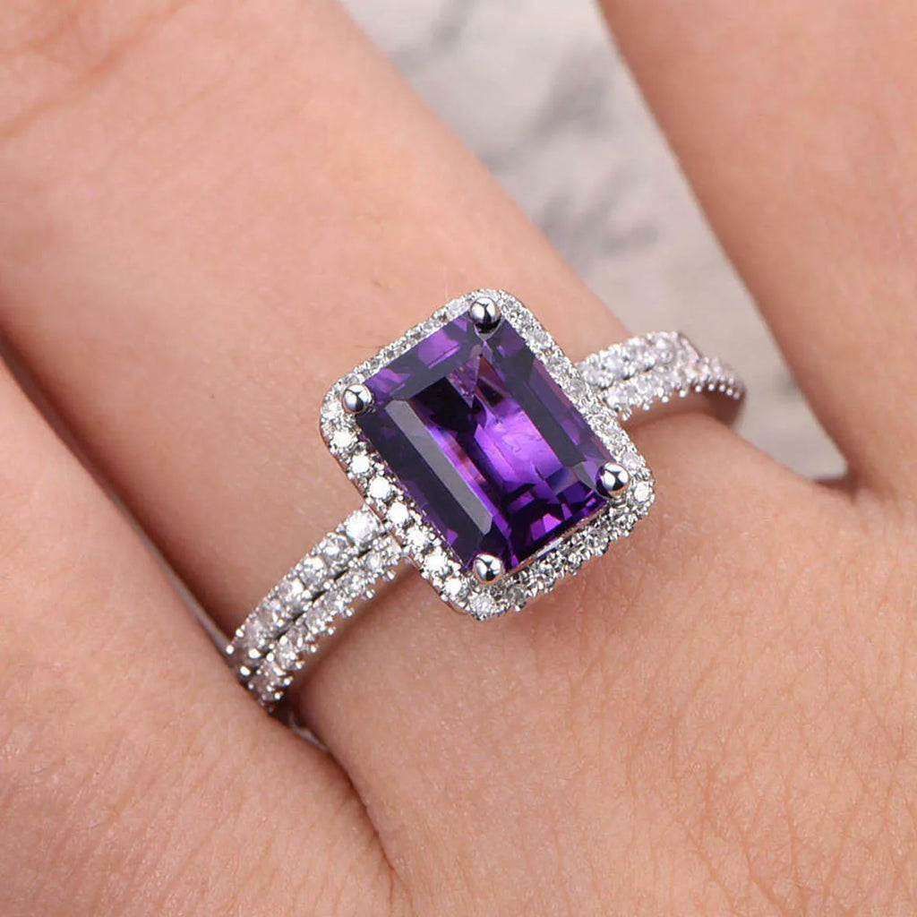 Square-Cut Amethyst Ring with Accent Stones, 925 Silver