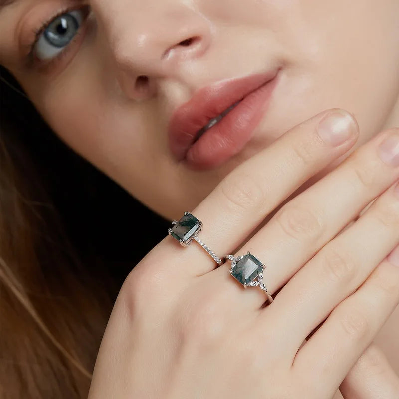 Emerald-Cut Moss Agate Bridal Ring with Pave Shank in Sterling Silver