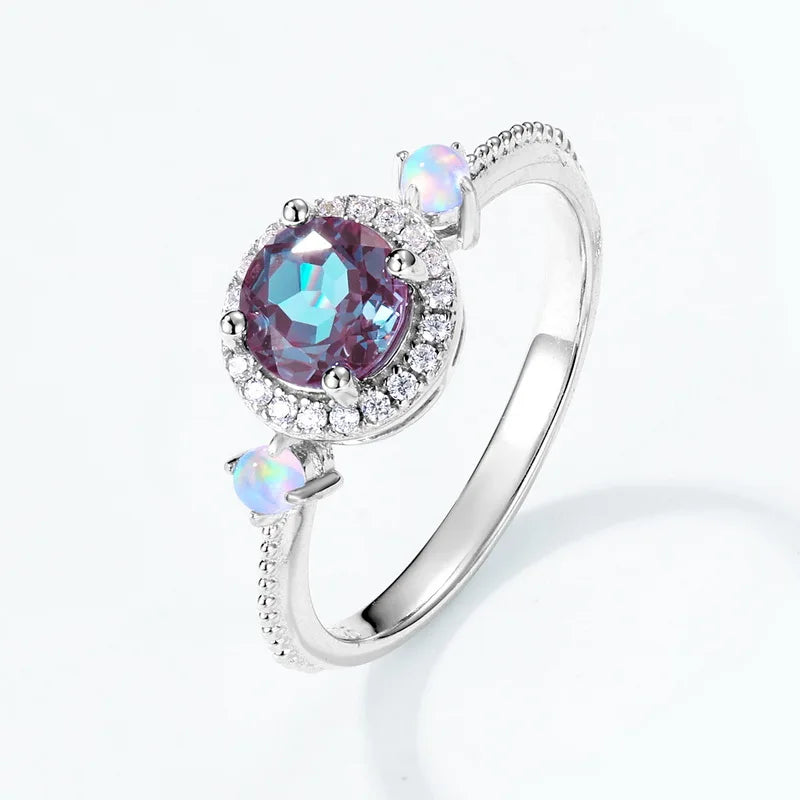 Alexandrite Gemstone Ring in 925 Sterling Silver with Round-Cut CZ Accents