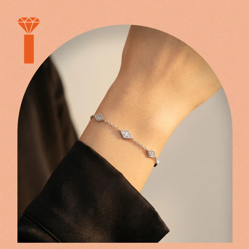 Four Rhombus Pave Set Moissanite Chain Bracelet S925 Sterling Silver Minimalist Dainty Elegant Geometric Fine Jewelry Bracelets