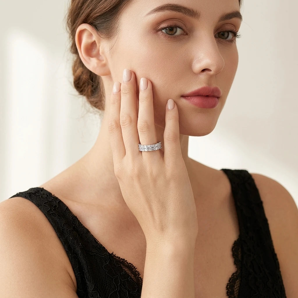 Double-Row Baguette Cut Prong-Set Half Eternity S925 Pure Silver Moissanite Band Geometric Stackable Wedding for Wedding Ring