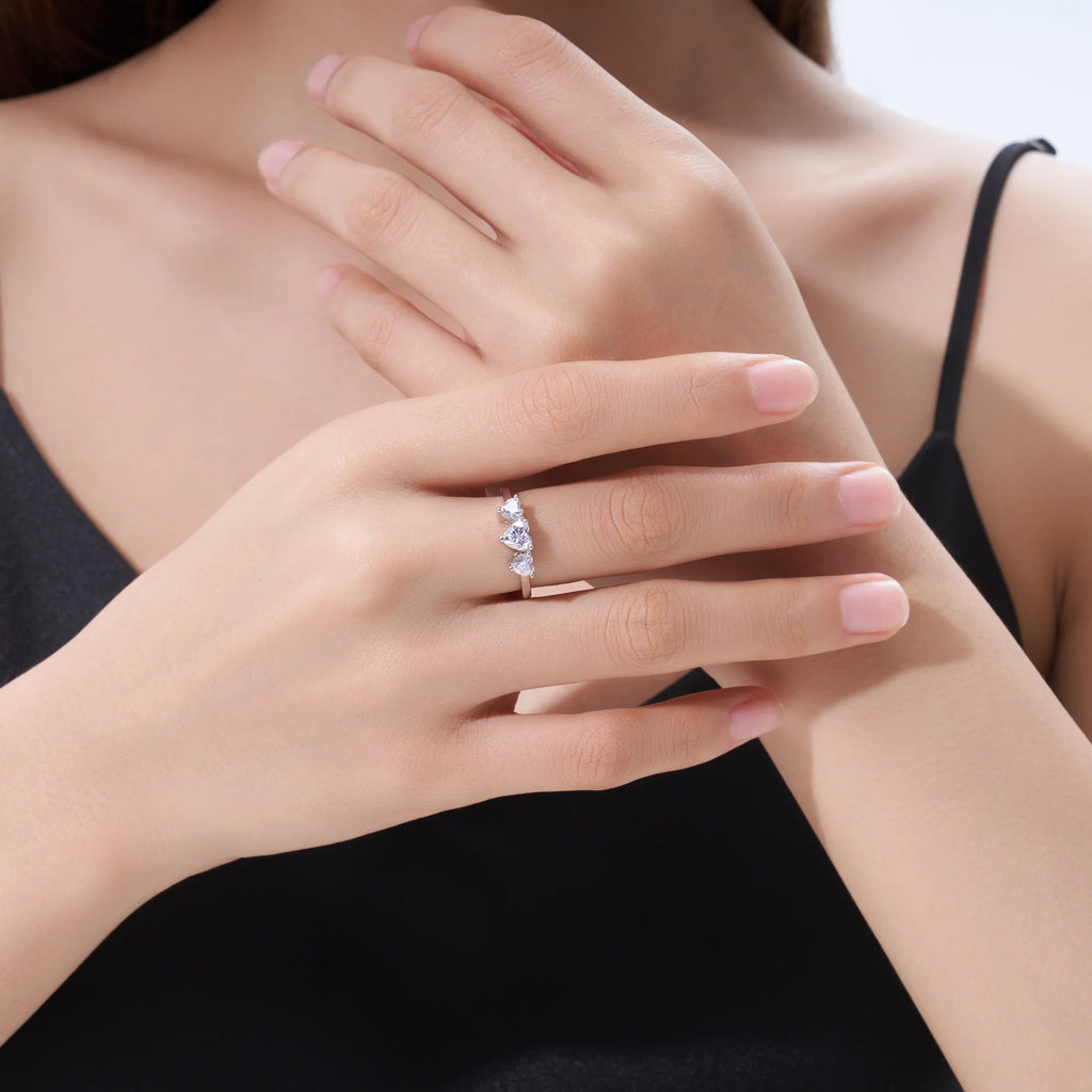 Three-Stone Heart Cut Prong-Set S925 Sterling Silver Moissanite Ring Modern Asymmetrical Promise Ring for Women  Wedding Ring