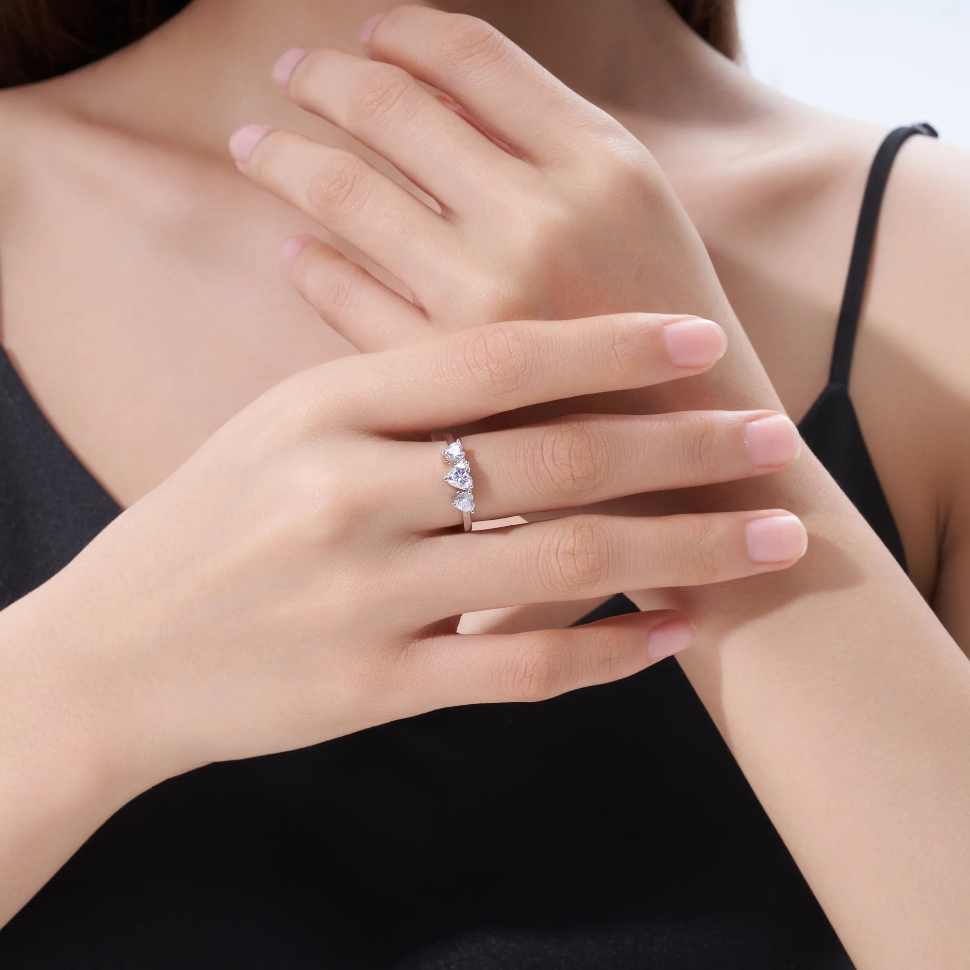 Three-Stone Heart Cut Prong-Set S925 Sterling Silver Moissanite Ring Modern Asymmetrical Promise Ring for Women  Wedding Ring
