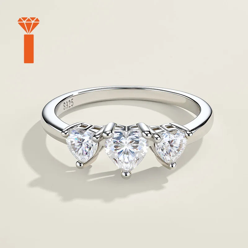 Symbolic Past-Present-Future Statement Rings S925  Heart-Cut Engagement Ring, Romantic Three-Stone Heart Moissanite Ring