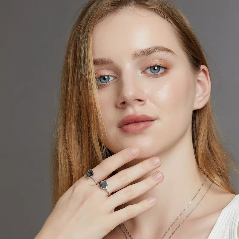 Emerald-Cut Moss Agate Bridal Ring with Pave Shank in Sterling Silver