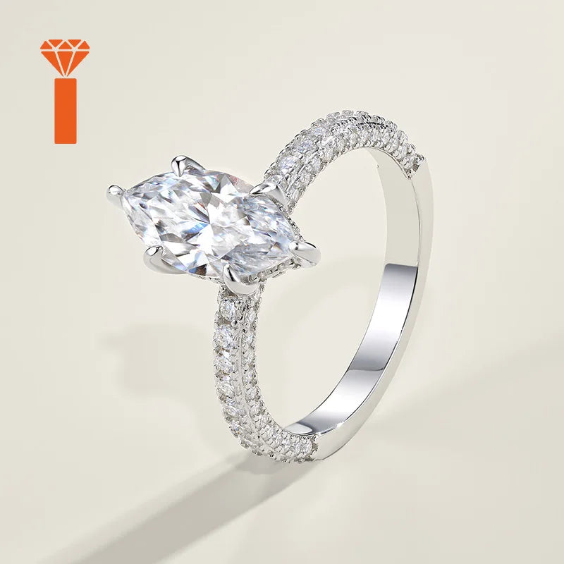 Sleek Contemporary Statement Rings D Color VVS1 Solitaire Design,  Marquise-Cut Moissanite Ring with Pave-Set Band
