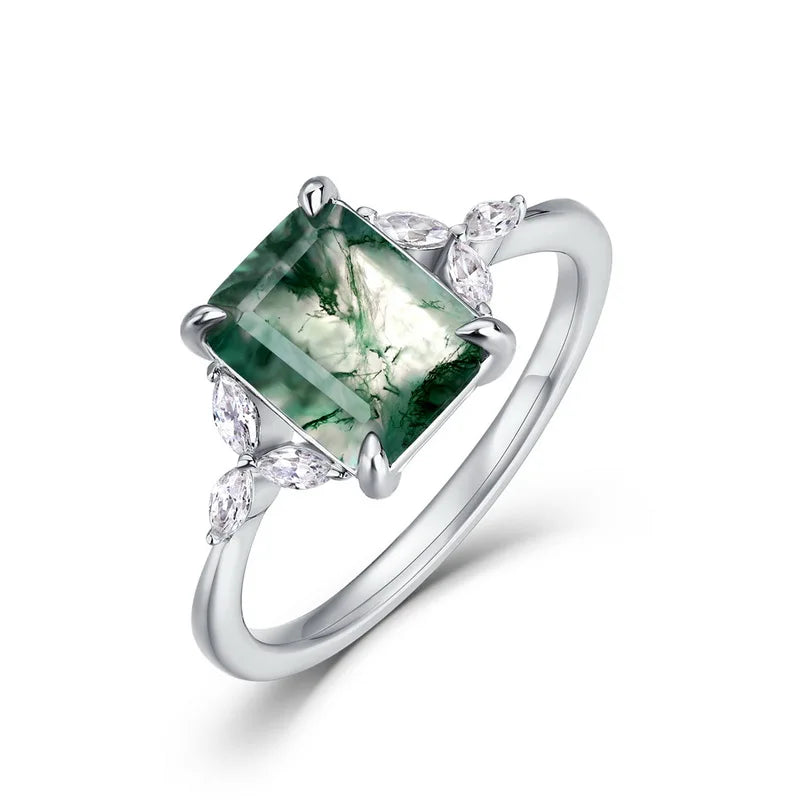 Vintage Leaf-Design Moss Agate Ring in 925 Silver, Emerald-Cut Engagement Ring