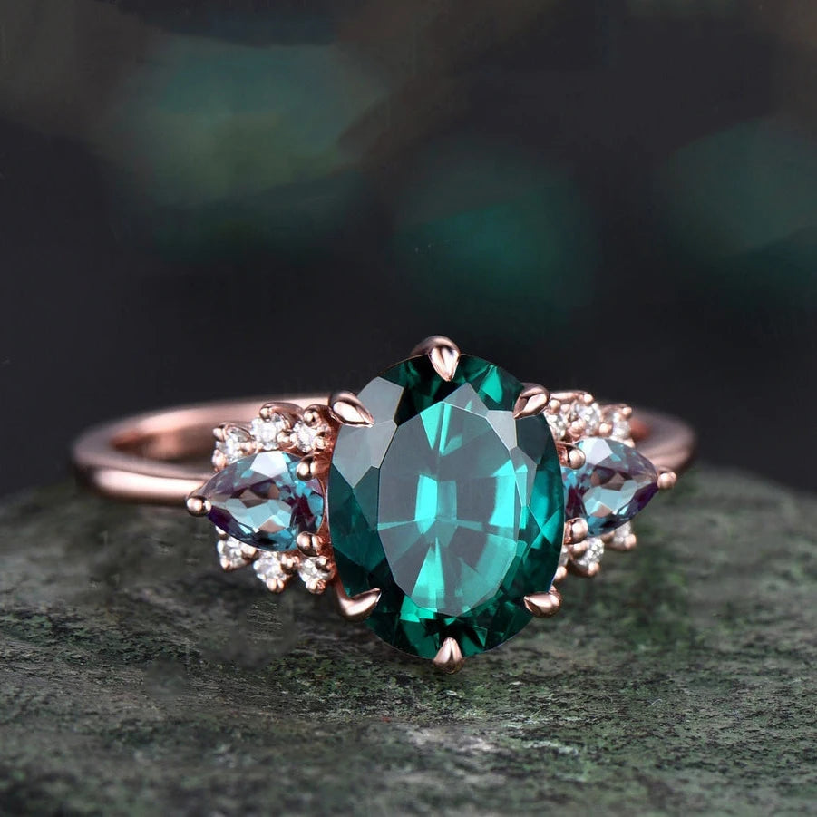 Topgemco Oval-Cut Lab-Grown Emerald & Diamond Engagement Ring in 18K Gold