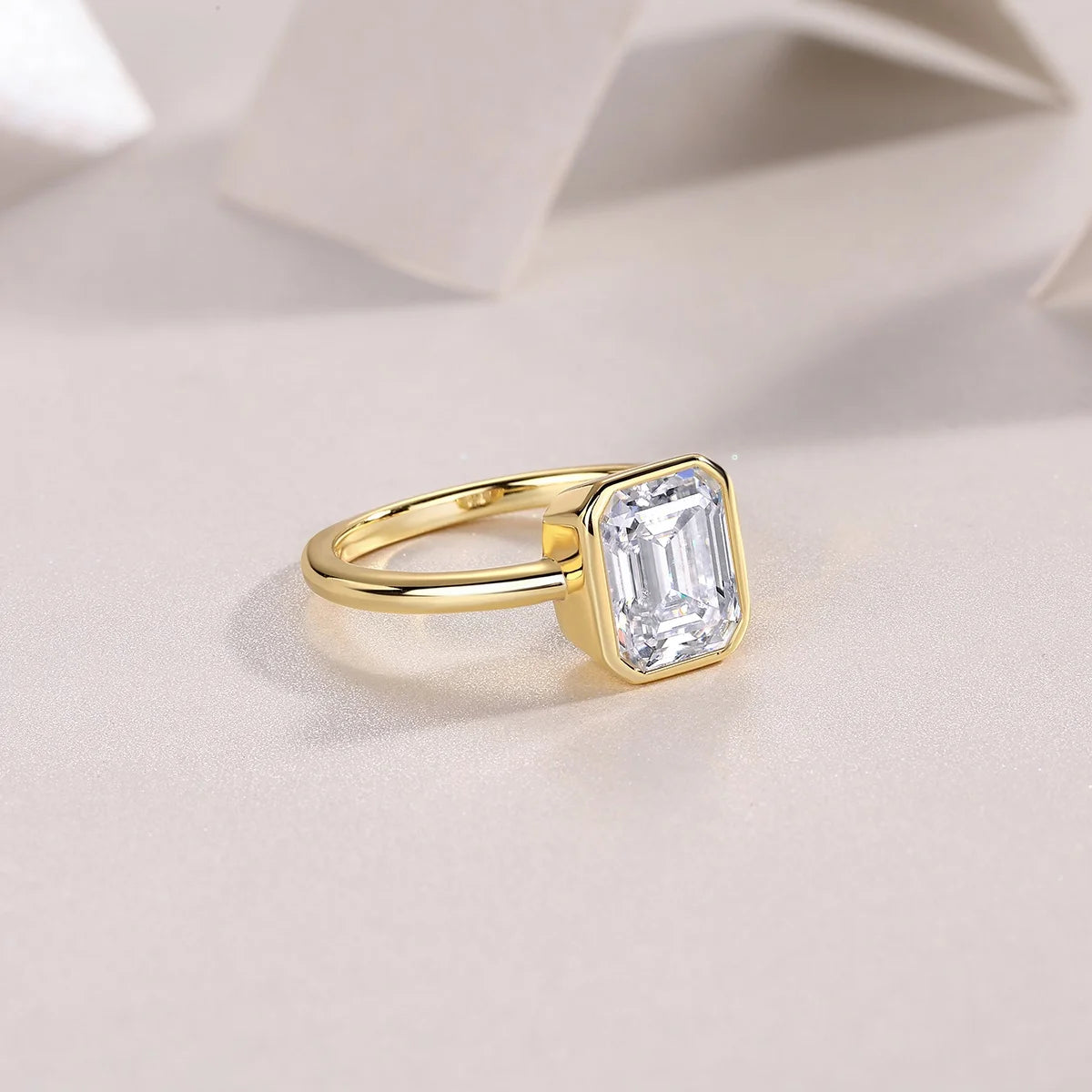 Emerald Cut Bezel-Set Solitaire Gold-Plated S925 Sterling Silver Moissanite Ring Minimalist Ring for Women Daily Wear  Ring