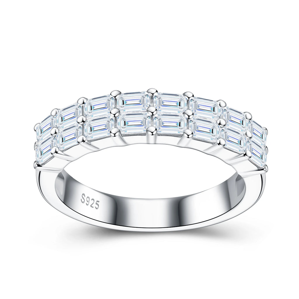 Double-Row Baguette Cut Prong-Set Half Eternity S925 Pure Silver Moissanite Band Geometric Stackable Wedding for Wedding Ring