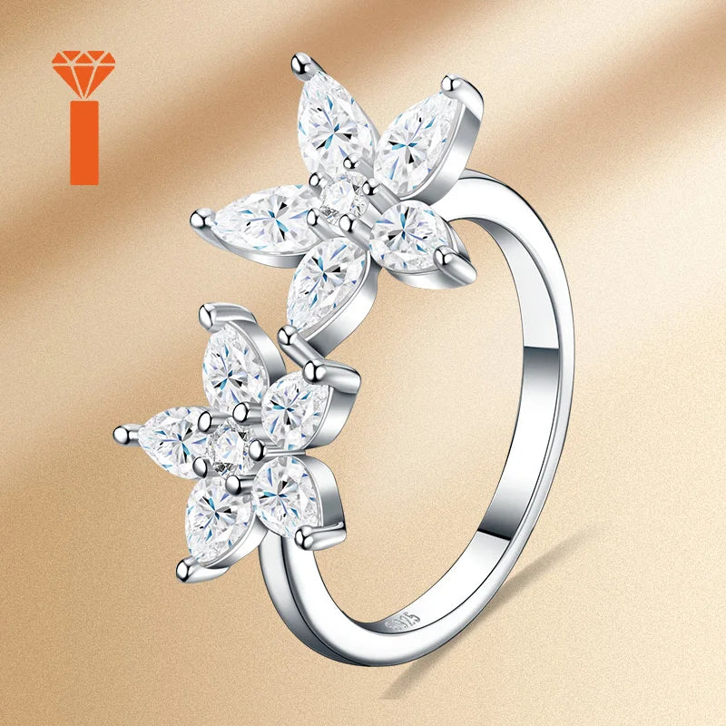 Bulk Order 2026 in Stock Bypass Dual-Flower Moissanite Ring, D Color VVS1 Pear-Cut Design, Delicate Romantic Statement Rings