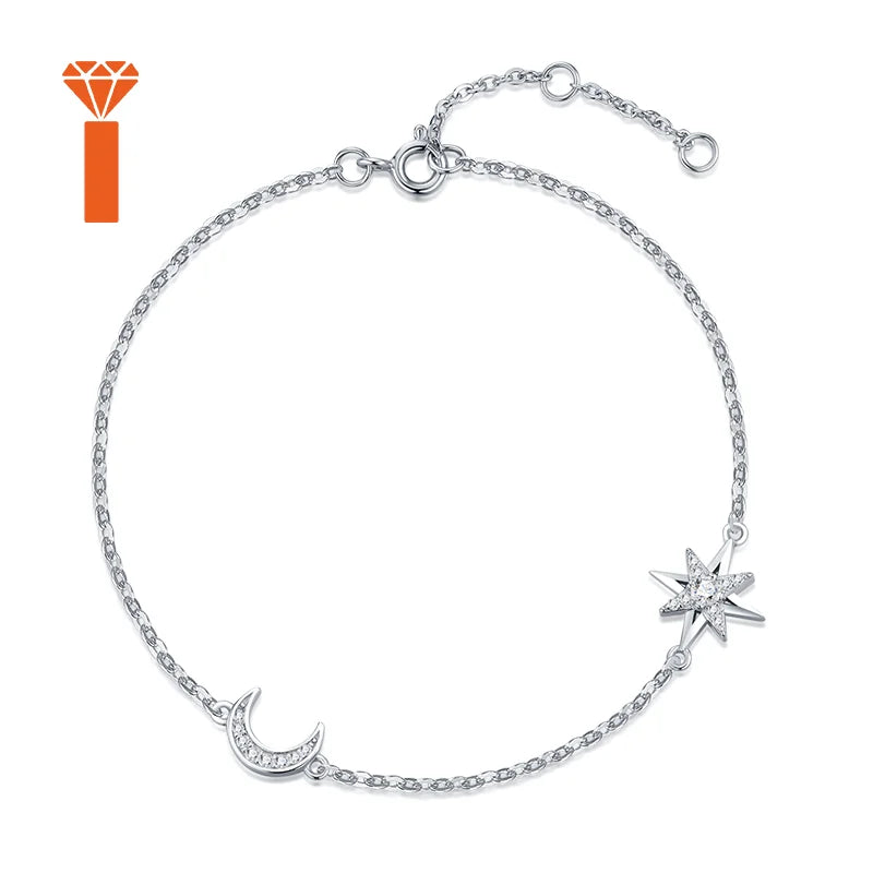 Factory Price Moon and Star Moissanite Premium 925 Silver Dainty Chain Bracelet Versatile Everyday Fine Jewelry Bracelets