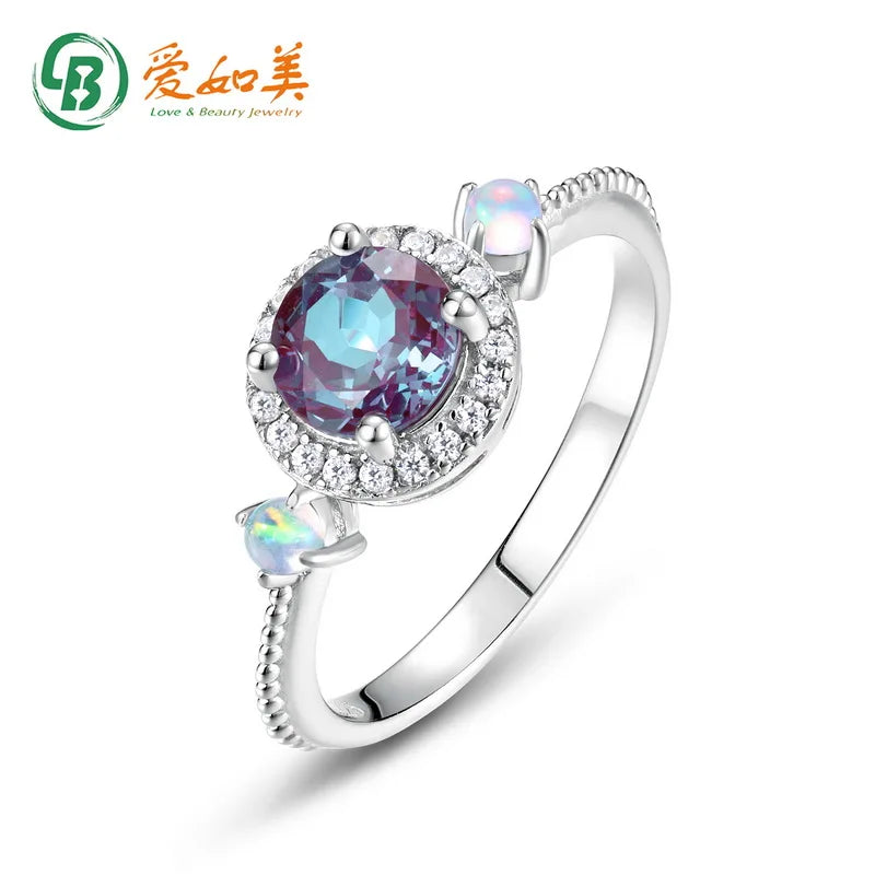 Alexandrite Gemstone Ring in 925 Sterling Silver with Round-Cut CZ Accents