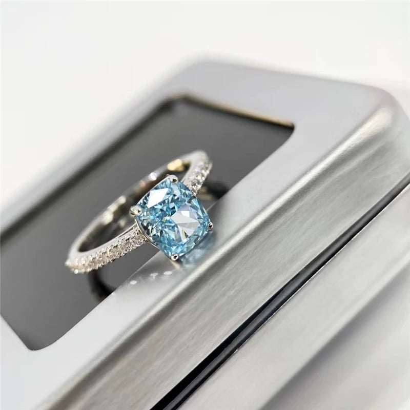 Aquamarine Ring S925 Sterling Silver 18K Gold-Plated High Carbon Diamond Topgemco Wedding Ring for Women