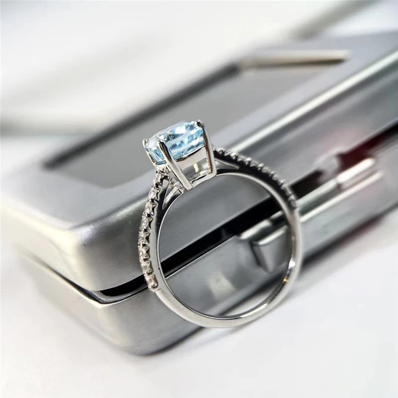 Aquamarine Ring S925 Sterling Silver 18K Gold-Plated High Carbon Diamond Topgemco Wedding Ring for Women