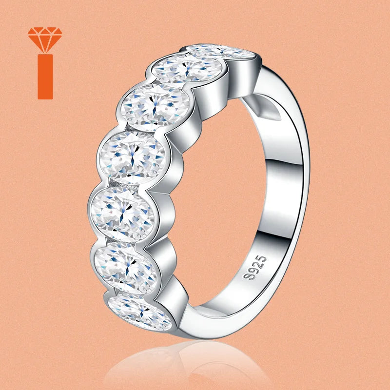 Oval Cut Bezel-Set Half Eternity S925  Silver Moissanite Band Connected Stone Stackable Wedding Ringfor Women  Wedding Ring