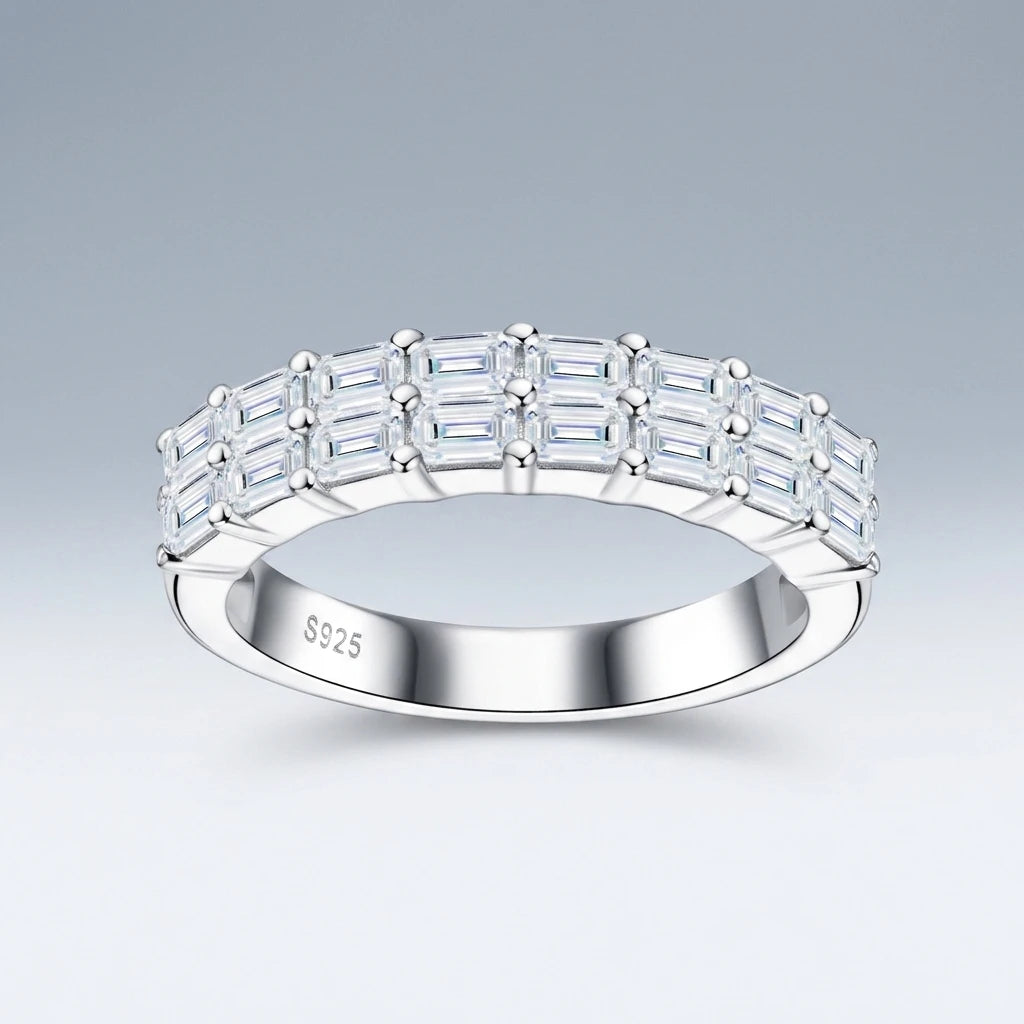 Double-Row Baguette Cut Prong-Set Half Eternity S925 Pure Silver Moissanite Band Geometric Stackable Wedding for Wedding Ring