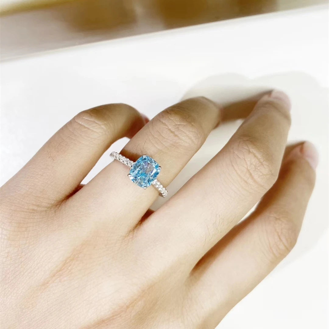 Aquamarine Ring S925 Sterling Silver 18K Gold-Plated High Carbon Diamond Topgemco Wedding Ring for Women