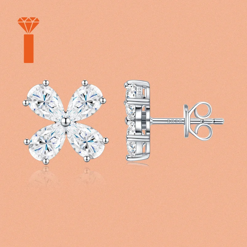 Wholesale Customization Supported Pear Cut Clover Moissanite Studs Premium 925 Silver Dainty Lucky Floral Fine Jewelry Earrings