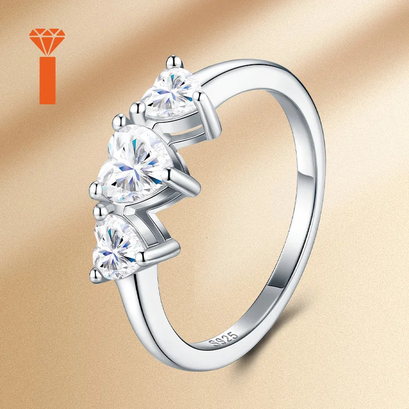Symbolic Past-Present-Future Statement Rings S925  Heart-Cut Engagement Ring, Romantic Three-Stone Heart Moissanite Ring