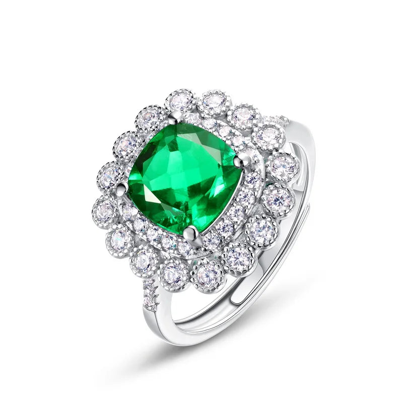 Cushion-Cut Lab-Grown Emerald Double Halo Ring in S925 Silver, Adjustable