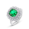 Cushion-Cut Lab-Grown Emerald Double Halo Ring in S925 Silver, Adjustable