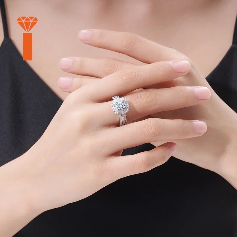 HOT SALE Nice Jewelry S925 Cushion-Shaped Double Halo Moissanite Engagement Ring, S925 Sterling Silver Split-Shank Wedding Ring