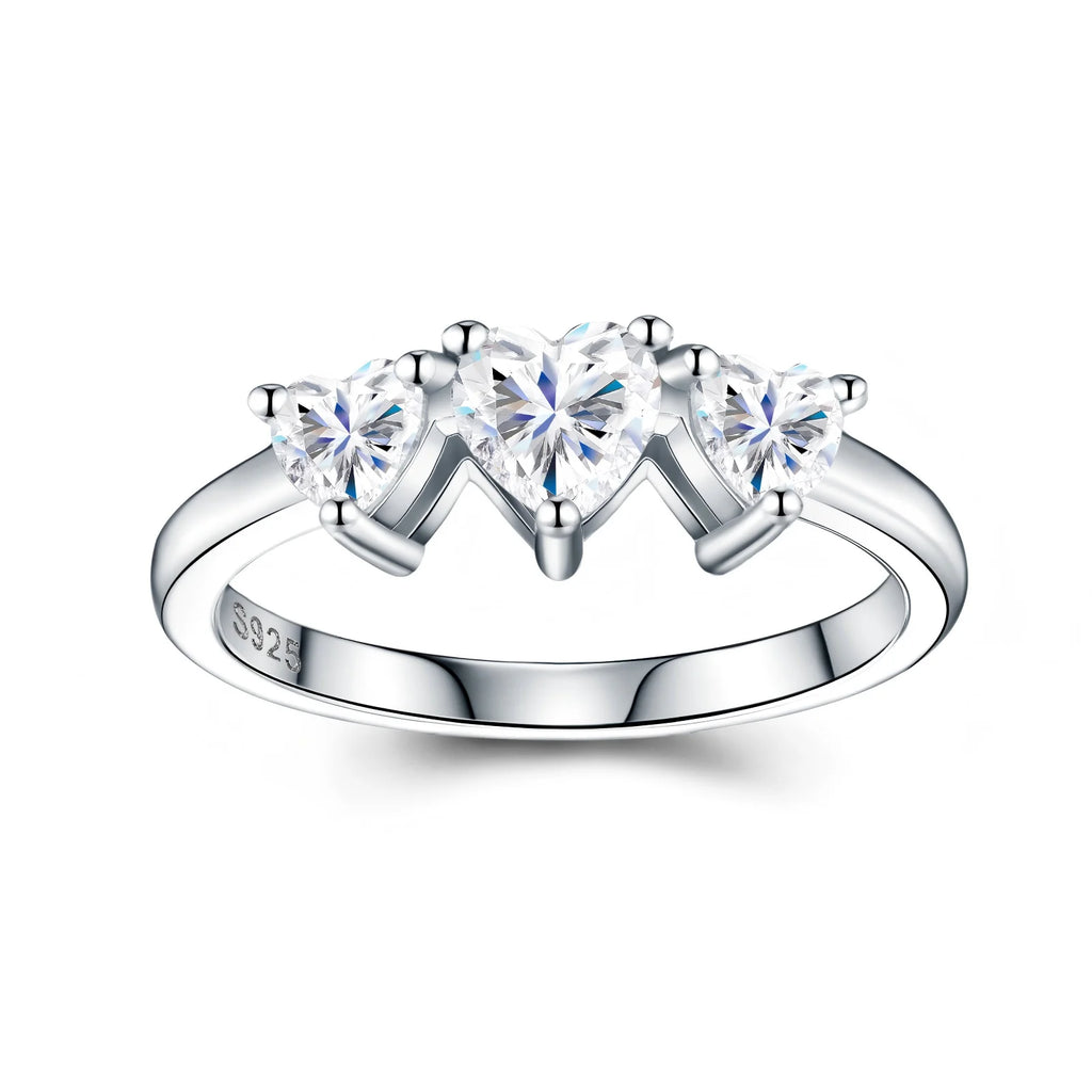 Three-Stone Heart Cut Prong-Set S925 Sterling Silver Moissanite Ring Modern Asymmetrical Promise Ring for Women  Wedding Ring