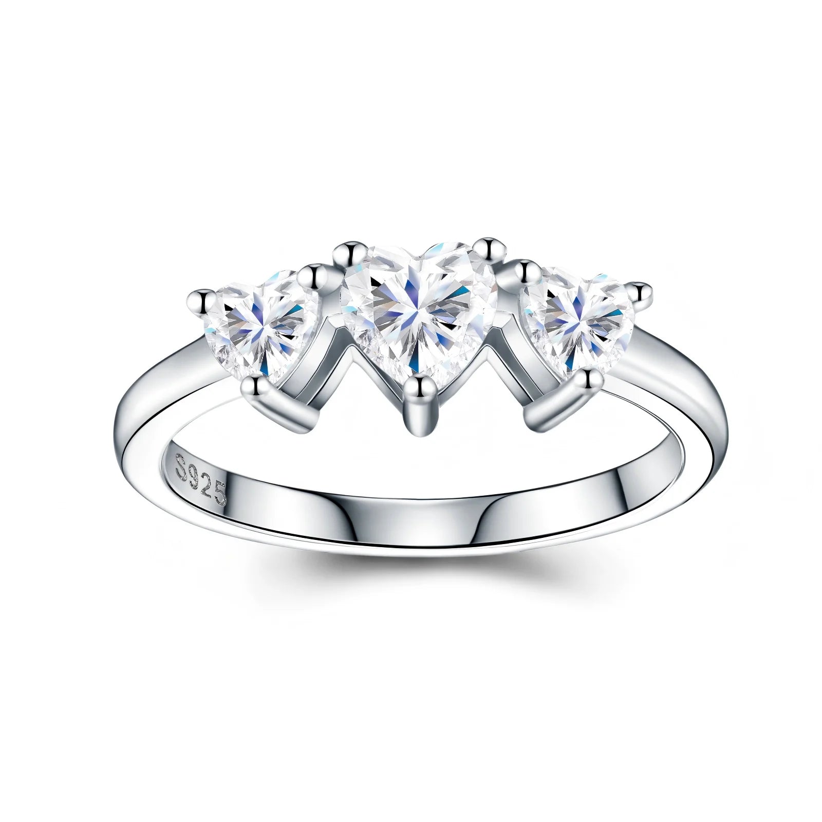 Three-Stone Heart Cut Prong-Set S925 Sterling Silver Moissanite Ring Modern Asymmetrical Promise Ring for Women  Wedding Ring