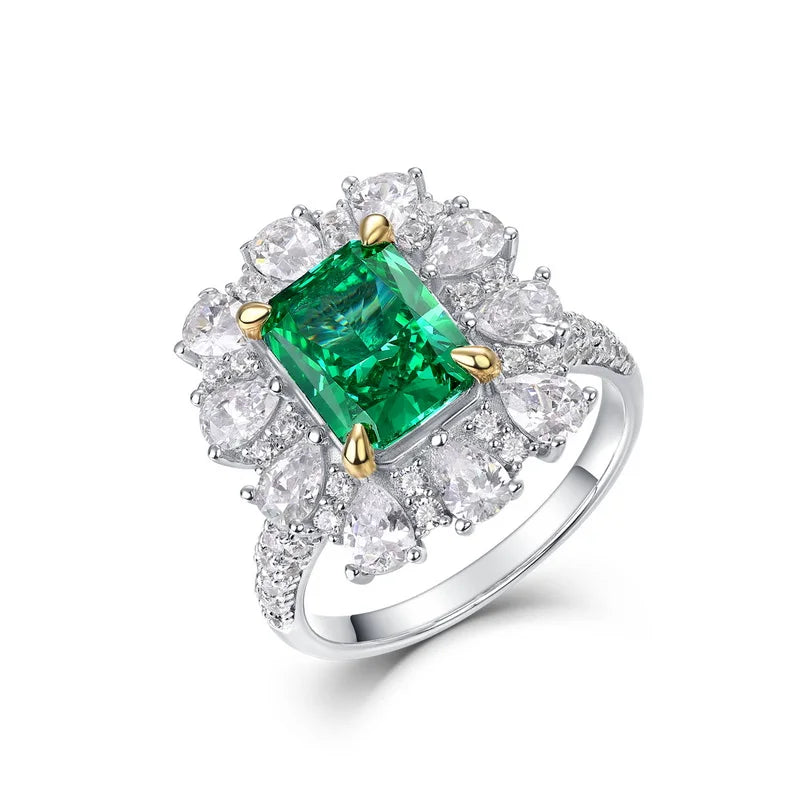 Bohemian Emerald-Cut Green Zirconia Ring in Sterling Silver, Snowflake Detail