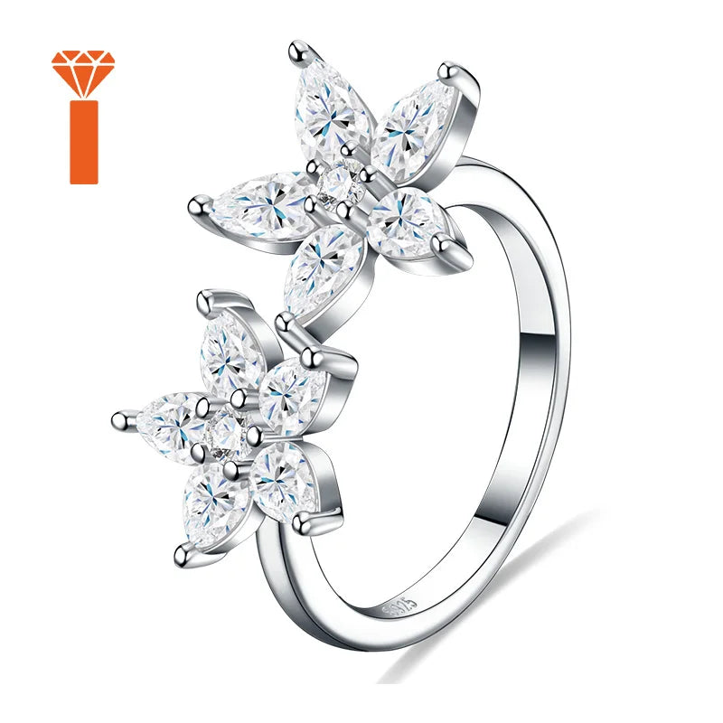 Bulk Order 2026 in Stock Bypass Dual-Flower Moissanite Ring, D Color VVS1 Pear-Cut Design, Delicate Romantic Statement Rings