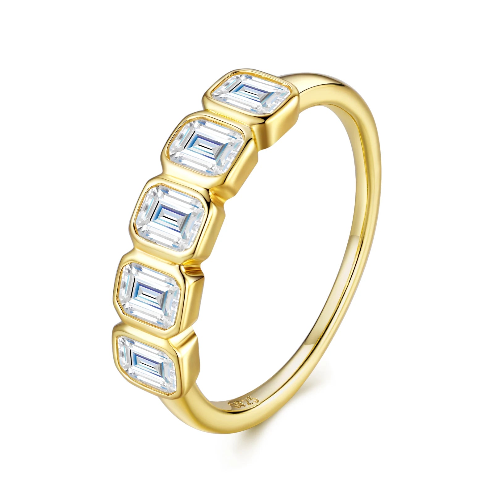 Emerald Cut 5-Stone Bezel Set Gold-Plated S925 Sterling Silver Moissanite Band Luxury  Stackable Eternity Ring for Women Ring