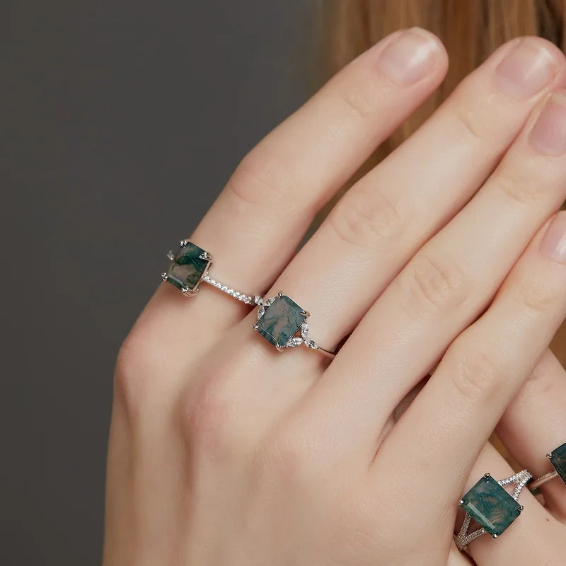 Emerald-Cut Moss Agate Bridal Ring with Pave Shank in Sterling Silver