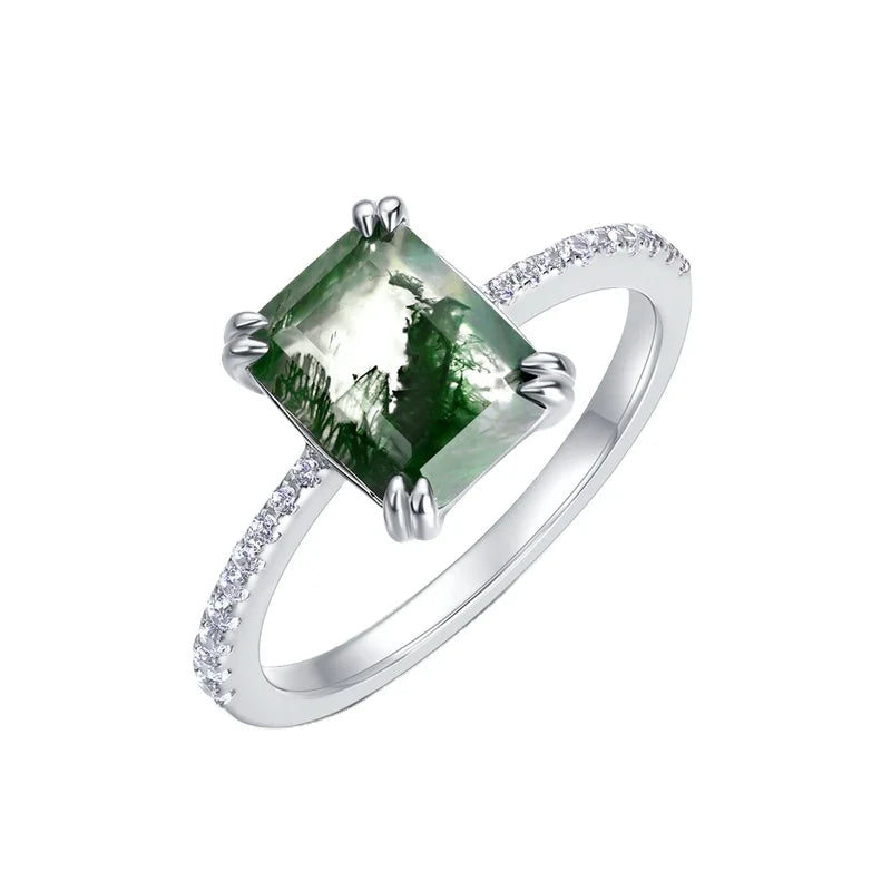 Emerald-Cut Moss Agate Bridal Ring with Pave Shank in Sterling Silver