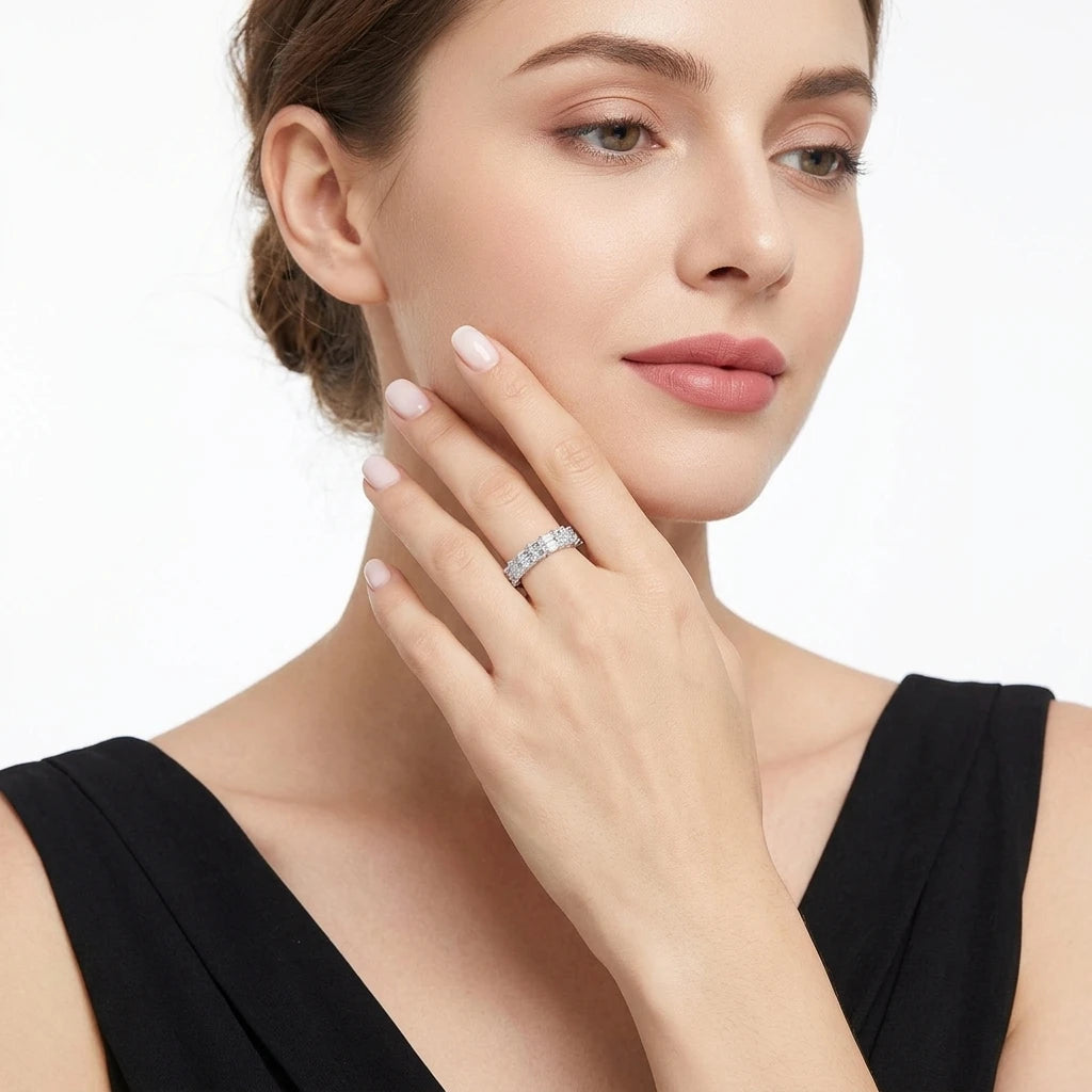 Double-Row Baguette Cut Prong-Set Half Eternity S925 Pure Silver Moissanite Band Geometric Stackable Wedding for Wedding Ring